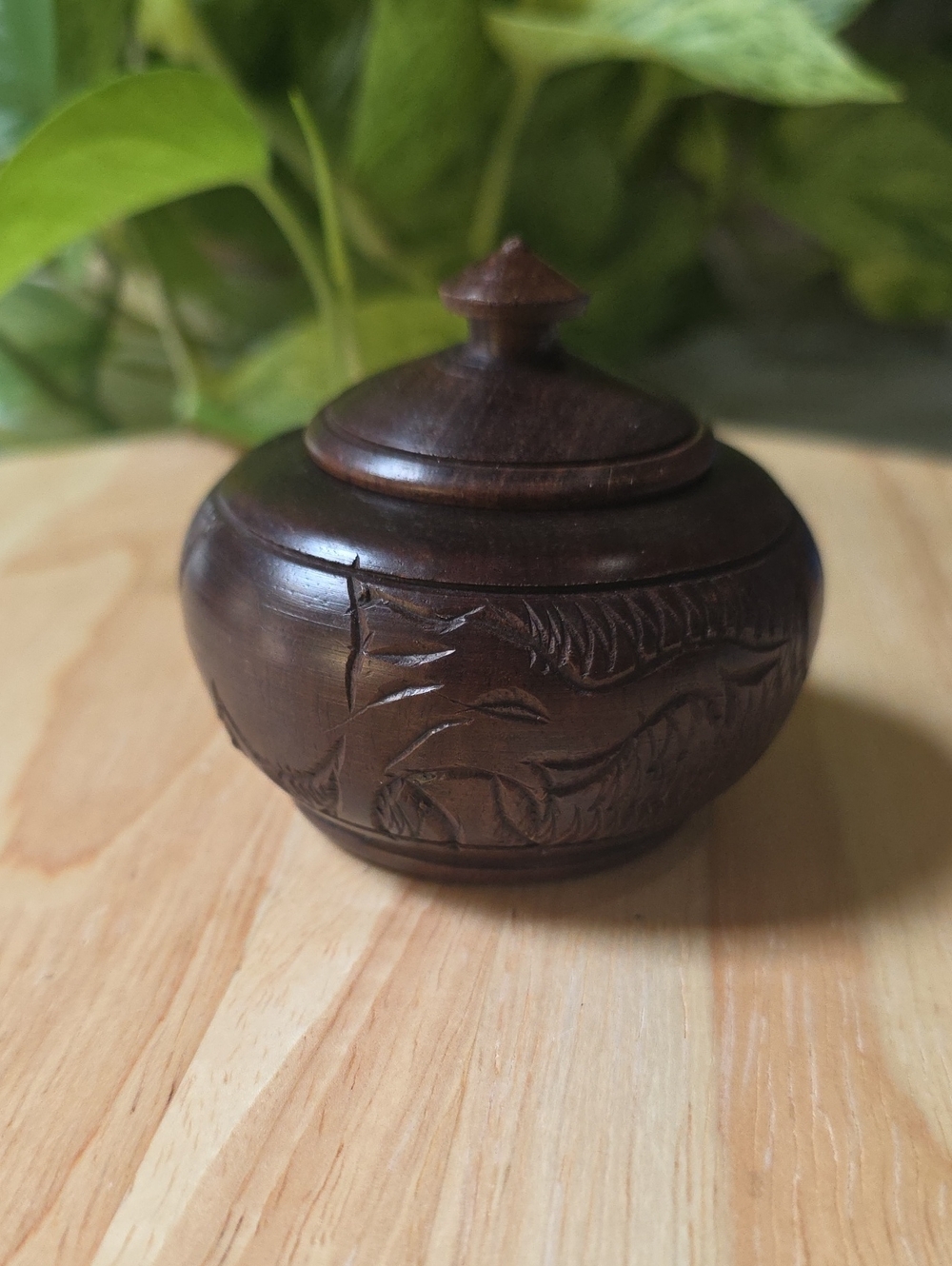 Hand-Carved Dark Wooden African trinket Bowl with lid